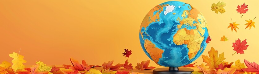 Wall Mural - Globe in autumn, vibrant fall colors, flat design illustration