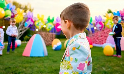 Sticker - Portrait of a smiling boy in a colorful suit on the background of the children's park