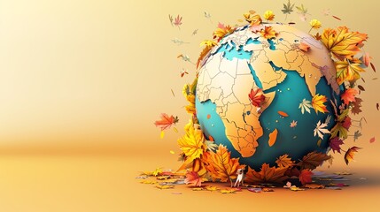 Wall Mural - 3D globe in autumn, layered fall foliage, flat design illustration