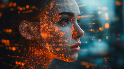 Wall Mural - a woman's face is shown with orange and blue colors. the image has a futuristic and abstract feel to