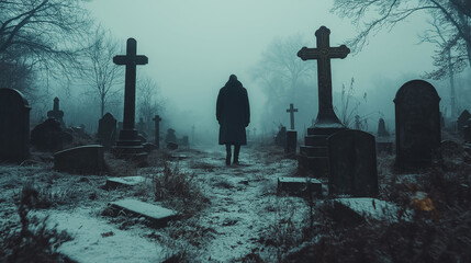 A man walks through a cemetery at night. The cemetery is surrounded by trees and the sky is cloudy. The man is wearing a coat and he is alone. The atmosphere of the image is eerie and mysterious