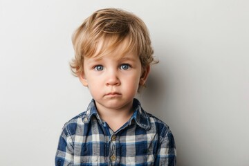 serious little boy on white background, Generative AI