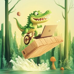 Wall Mural - A cheerful alligator riding a bicycle while using a laptop over a wooden platform in a forest.