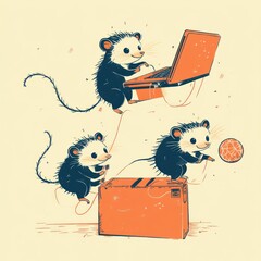 Poster - Cute opossums engaging with technology and playfully interacting with objects.