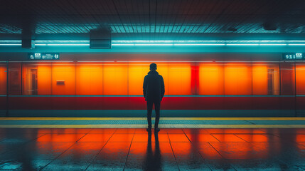 Wall Mural - A man stands alone on a subway platform