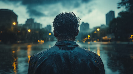 Sticker - A man is standing in the rain, looking out over a body of water