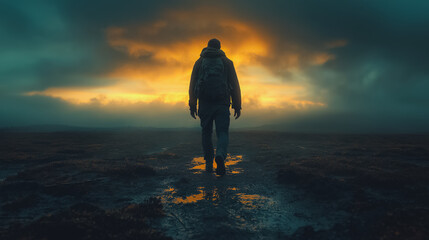 Wall Mural - A man is walking in a field with a backpack