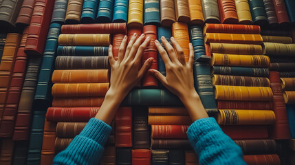 A person's hands are reaching for a book on a shelf. The books are of various sizes and colors, and the person's hands are spread out to grab one