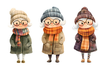 Grandmother cute cartoon watercolor Illustration collection isolated on white. Cheerful old women in different costumes. 