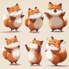 Wall Mural - A collection of cute, cartoonish fox characters displaying various happy emotions.