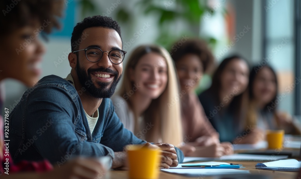 Diverse and inclusive group of office colleagues smiling at a team ...