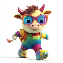 Wall Mural - A colorful cartoon cow character wearing sunglasses and a backpack, joyfully running.