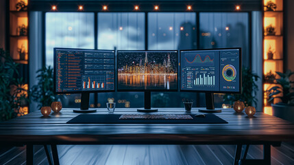 Wall Mural - A computer desk with three monitors and a keyboard. The monitors are displaying various graphs and charts. Scene is focused and professional