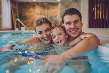 Happy young family having fun inside a swimming pool, Generative AI