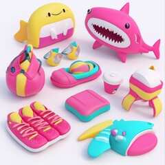 A colorful collection of playful beach-themed toys and accessories.