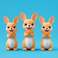 Poster - Three cute cartoon rabbits holding bowls, smiling against a blue background.