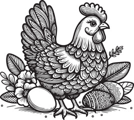 Wall Mural - Chicken lineart coloring book illustration