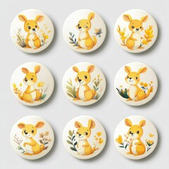 Wall Mural - A collection of cute animal illustrations featuring playful kangaroos in a floral design.