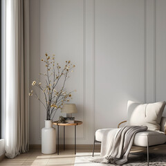 Aesthetic elegant classic interior design. Clear mock up empty wall for decoration in the apartment. Copy space in the room with moldings. Neutral palette of natural colors.