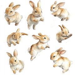 Poster - A collection of cute, watercolor-style rabbits in various playful poses.