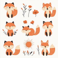 Poster - A playful illustration of cute foxes surrounded by flowers and a sun.