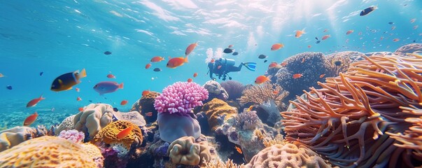 Wall Mural - Exploring vibrant coral reefs while scuba diving, 4K hyperrealistic photo