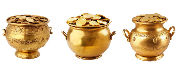 golden coins in a gold pot on an isolated png set