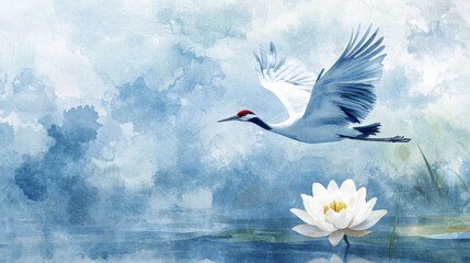 Wall Mural - A serene white crane gracefully flying over tranquil water lily, evoking sense of peace and harmony. 