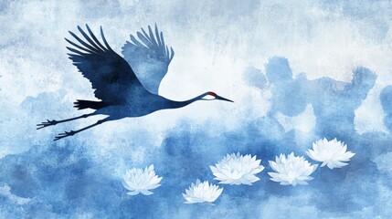 Wall Mural - A graceful crane flies over serene water lilies, evoking tranquility and beauty. 