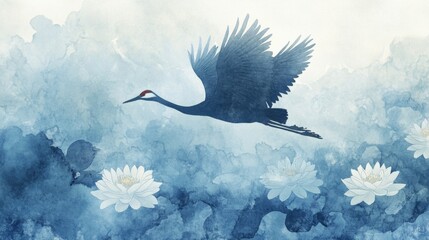 Wall Mural - A serene crane gracefully flies over tranquil water lilies, evoking sense of peace and harmony. 