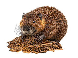 Wall Mural - 3d illustration of diligent beaver building a dam on transparent background