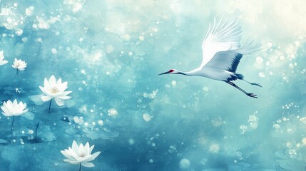 Wall Mural - A serene crane flying over tranquil pond filled with lotus flowers, evoking sense of peace and harmony. 