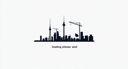 Loading please wait message with city skyline and construction cranes