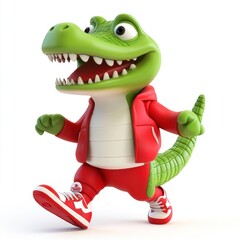 Canvas Print - A cheerful cartoon crocodile character wearing a red outfit and sneakers, running joyfully.