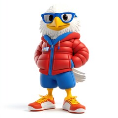 A cartoon eagle character wearing glasses and a colorful outfit, exuding a fun and friendly vibe.