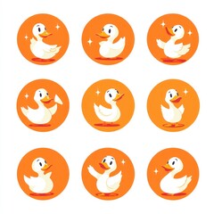 Wall Mural - A grid of nine cartoon ducks on orange backgrounds, showcasing playful and cheerful designs.