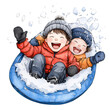 © jittam - Two joyful children sledding down a snowy hill, wearing warm winter clothes and sharing smiles in a fun winter scene.