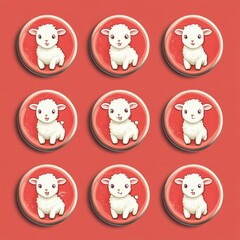 Wall Mural - A grid of cute cartoon sheep icons on a red background, designed for playful themes.