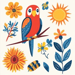 Canvas Print - A colorful illustration featuring a parrot on a branch surrounded by various flowers and a sun.