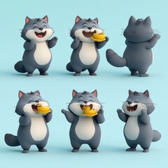 Poster - A playful cartoon cat character in various joyful poses, enjoying food.