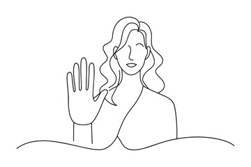 Woman is showing a gesture No One line continuous line art vector illustration on white background