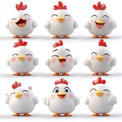 Poster - A grid of cute cartoon chickens displaying various happy expressions.