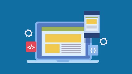 Responsive website design programming software and web development coding framework concept, video animation.