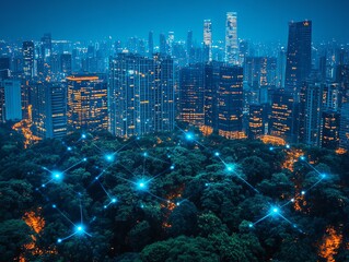 Leinwandbilder - Night city skyline with glowing network connection.