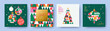 © Tanya - Bright Christmas Set of greeting cards, posters, holiday covers. Geometric style Xmas design with stylized Christmas Tree and Christmas triangles pattern in red, green, yellow, pink, white colors.