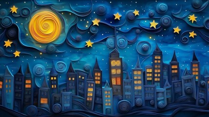 Wall Mural - night city skyline, quilling paper art, night sky with city skyline, city, romantic, stars, artwork, handmade