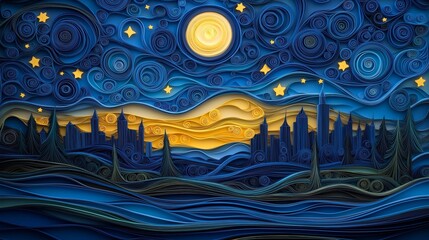 Wall Mural - night city skyline, quilling paper art, night sky with city skyline, city, romantic, stars, artwork, handmade