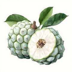 Detailed 3D rendering of a custard apple both segmented and whole captured in a vibrant watercolor style against a clean white background