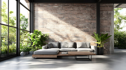 Sticker - Modern Industrial Living Room Interior Design with Brick Wall and Sectional Sofa. Perfect for creating a cozy and inviting space.