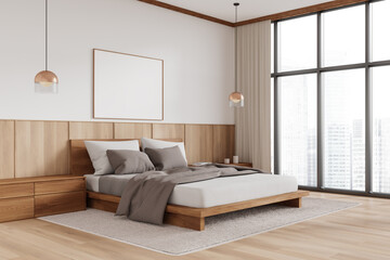 Sticker - Scandinavian bedroom interior with bed and panoramic window. Mock up frame